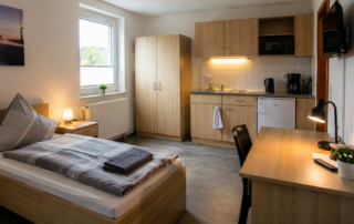 Modernes Monteurzimmer mit funktionaler Ausstattung als Beispiel für eine Unterkunft in Lippstadt.