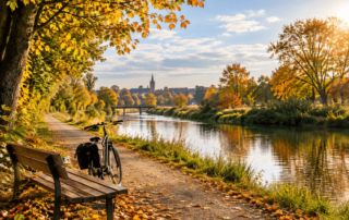 Herbstliche Flusslandschaft mit Radweg, Parkbank und bunten Bäumen als Inspiration für einen Kurzurlaub in Westfalen